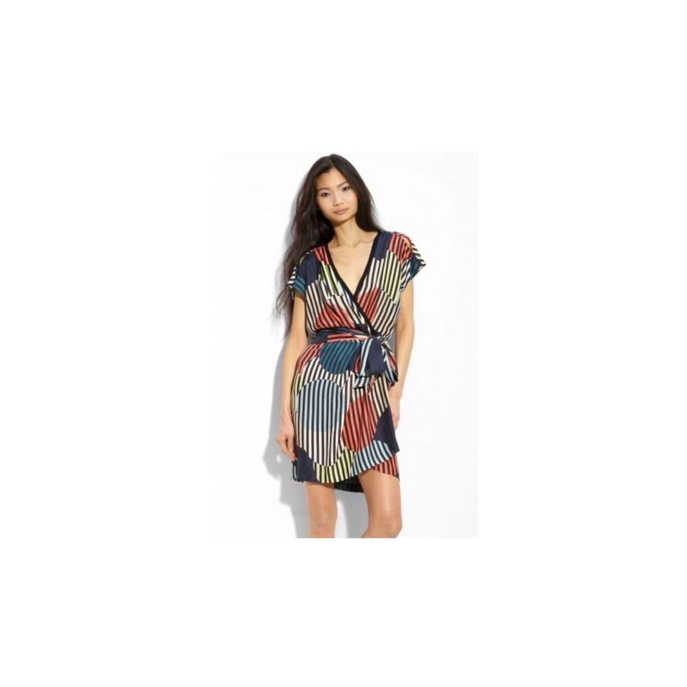 Size 12 DVF Diane von Furstenberg Faux Wrap Silk Striped Circle Dress with Belt